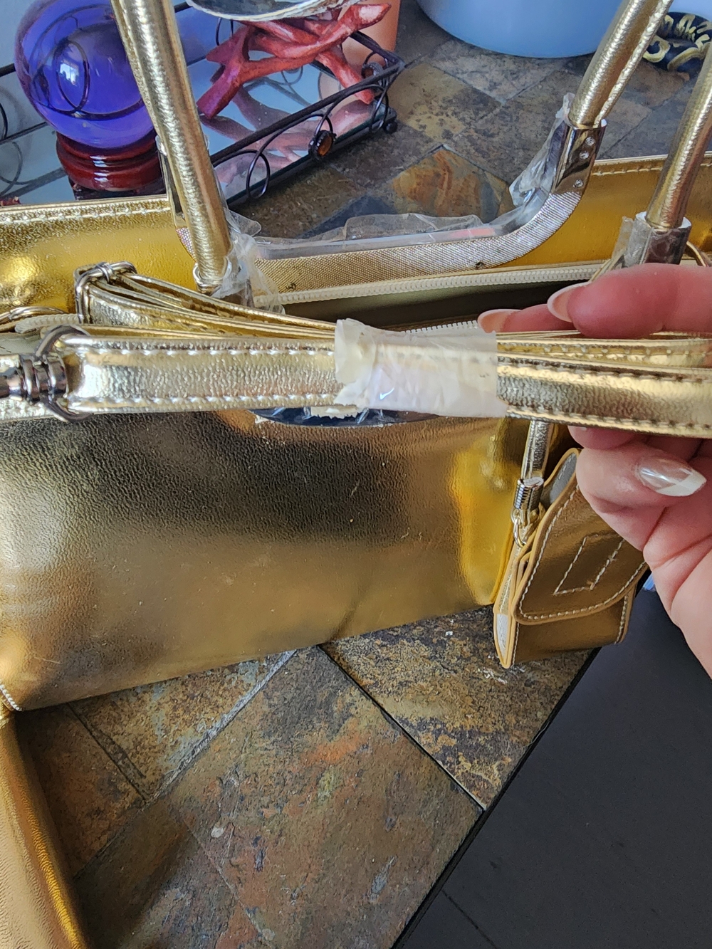 3 Pc Gold Metallic Structured Satchel Handbag with Matching Wallet - Picture 12 of 14